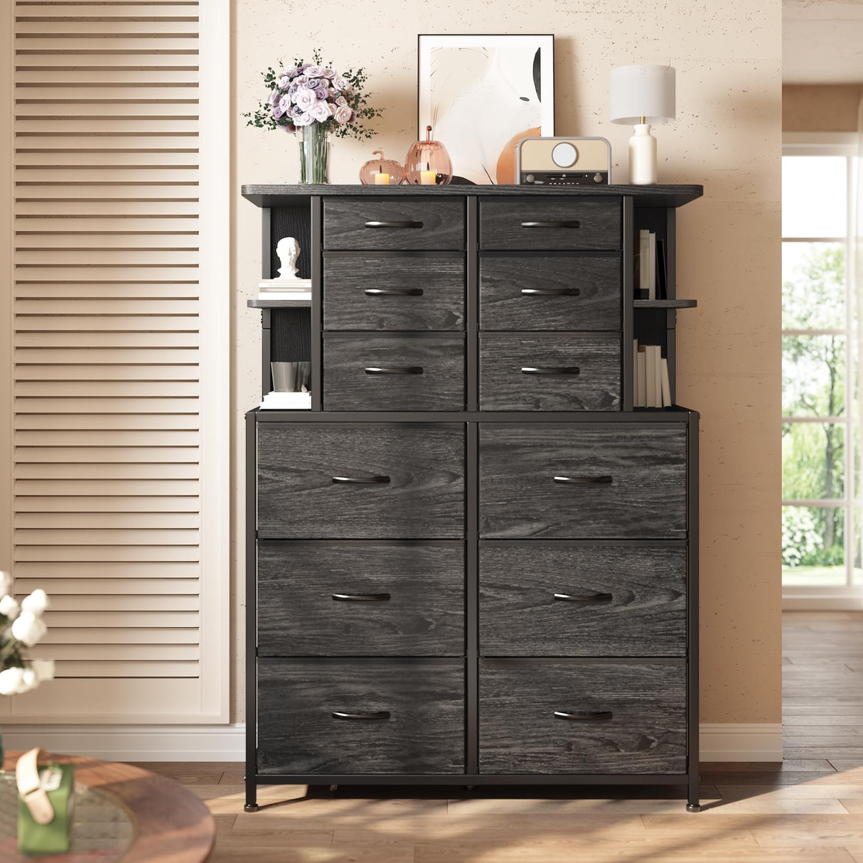 EnHomee Dresser for Bedroom with LED Lights and 12 Fabric Dresser with 4 Open Shelves, Chest of Drawers, Metal Frame, Black, 45.2" H x 35.4" W x 11.8" D EnHomee