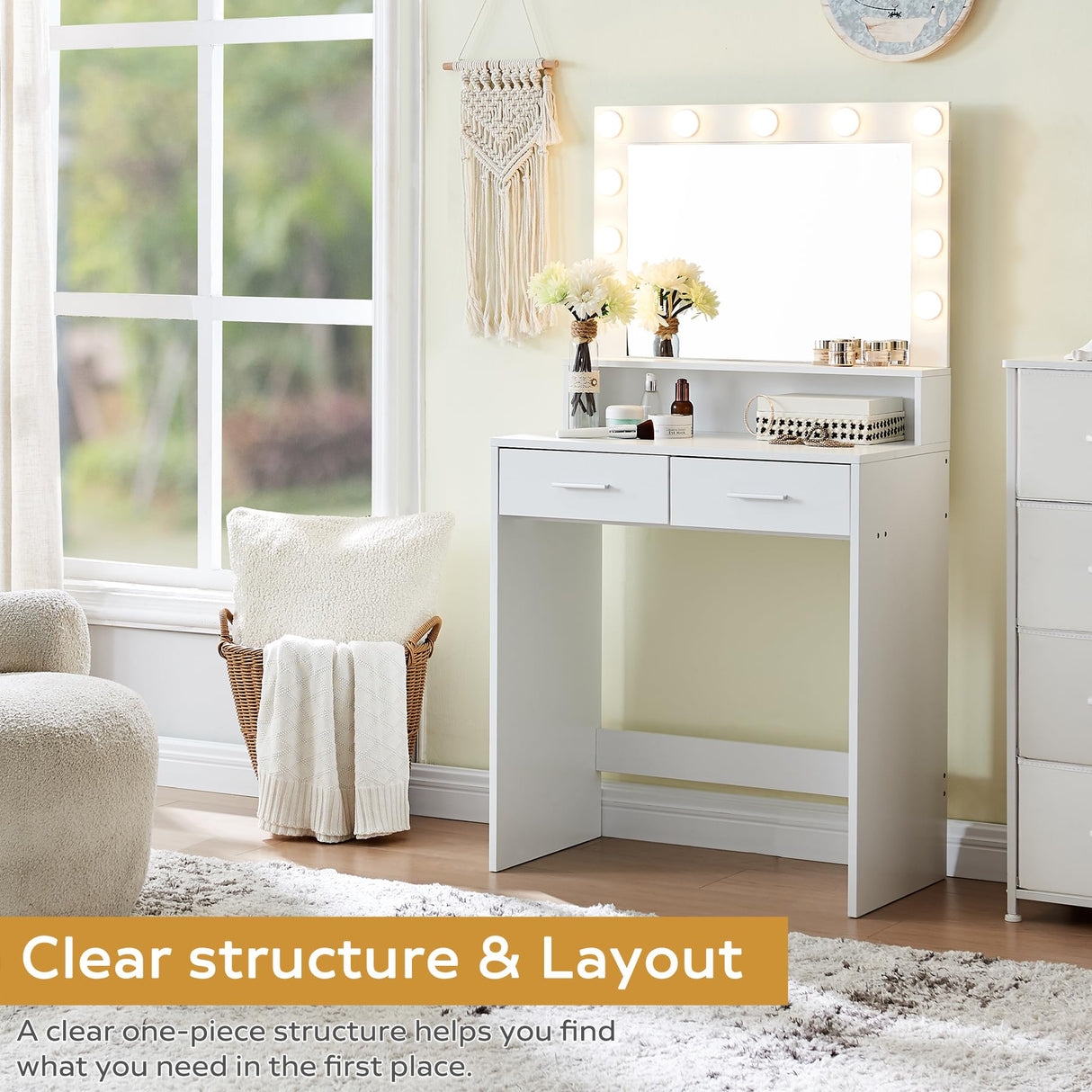 MIRROTOWEL Vanity Desk with Mirror and Lights, Dressing Table with Large Drawer, 2 Level Storage Dresser & 3 Lighting Modes Adjustable Brightness, Suitable for Bedroom MIRROTOWEL