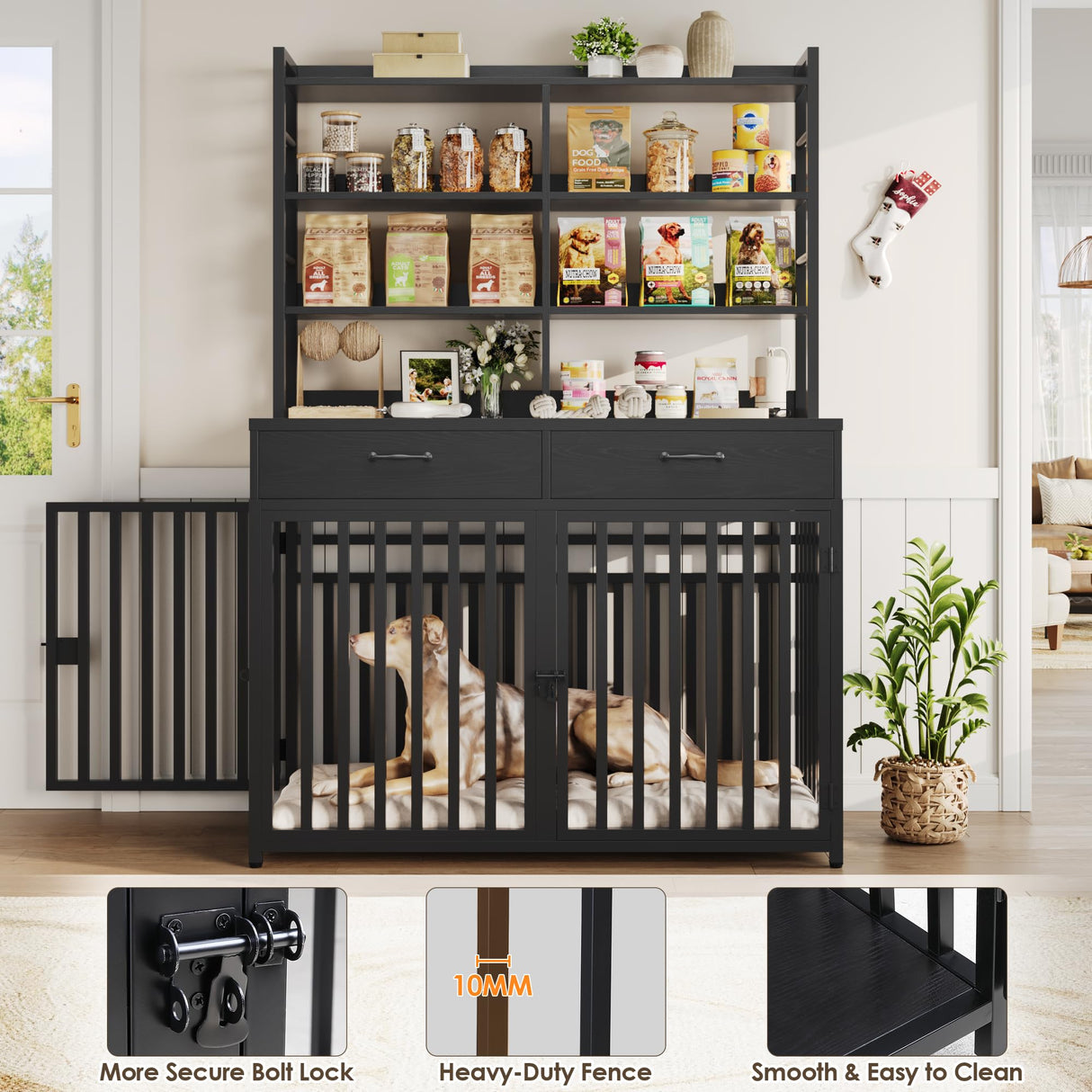 Keyluv 71''H x 47.2''W Large Dog Crate Furniture with 4-Tier Shelves and 2 Storage Drawers, Heavy Duty Dog Cage Furniture with 2 Doors, Wood & Metal Dog Kennel Indoor for Small/Medium/Large Dog, Black Keyluv