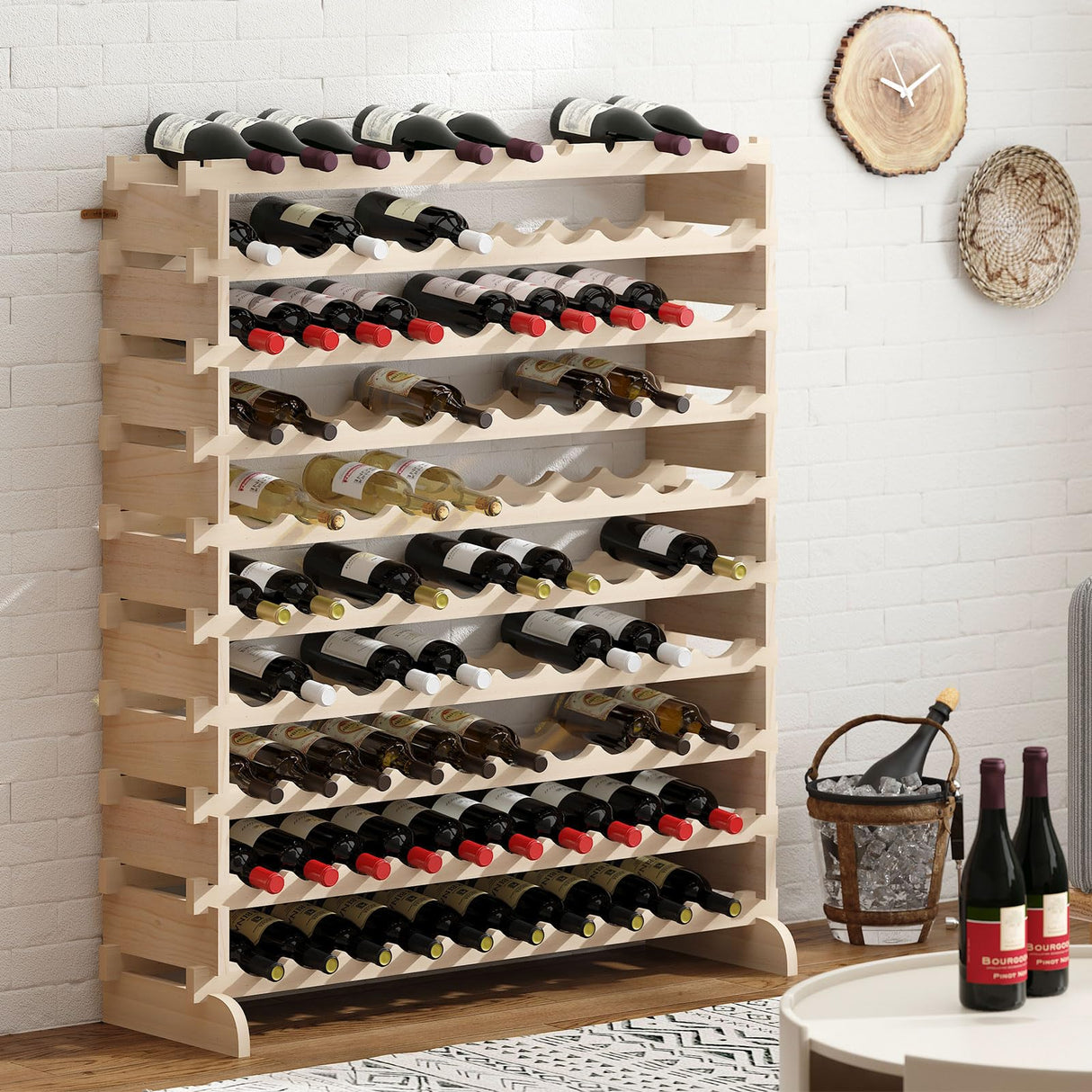 sogesfurniture Floor Wine Racks, Stackable Modular Wine Rack Large Wine Storage Rack Free Standing Solid Natural Wood Wine Holder Display Shelves, (Natural, 10 X 10 Rows (100 Slots)), BHUS-BY-WS100 sogesfurniture