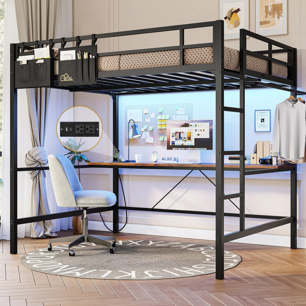 DICTAC Loft Bed Full Size with Desk and Led Lights Full Metal Loft Bed with Charging Station Full Size Metal Bed Frame with Safety Guard & Ladder, Space-Saving,No Noise,No Box Spring Needed, Black DICTAC
