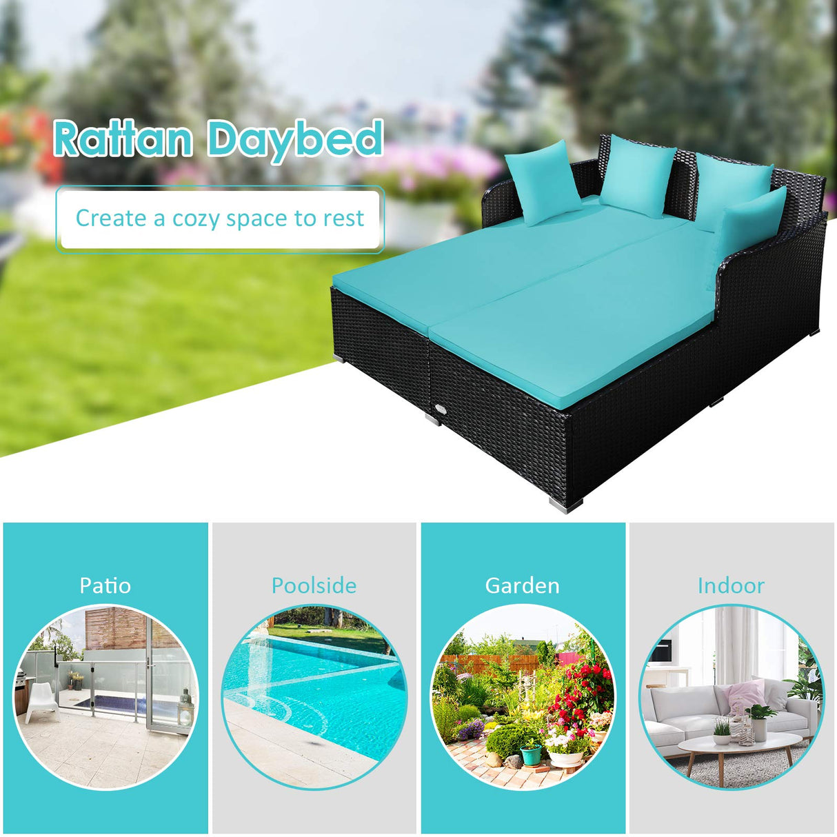 Tangkula Outdoor Rattan Daybed, Sunbed Wicker Furniture w/Spacious Seat, Upholstered Cushion & High-Resilience Sponge, Wicker Patio Sofa Set w/Extra Pillows for Courtyard Poolside(Turquoise) Tangkula
