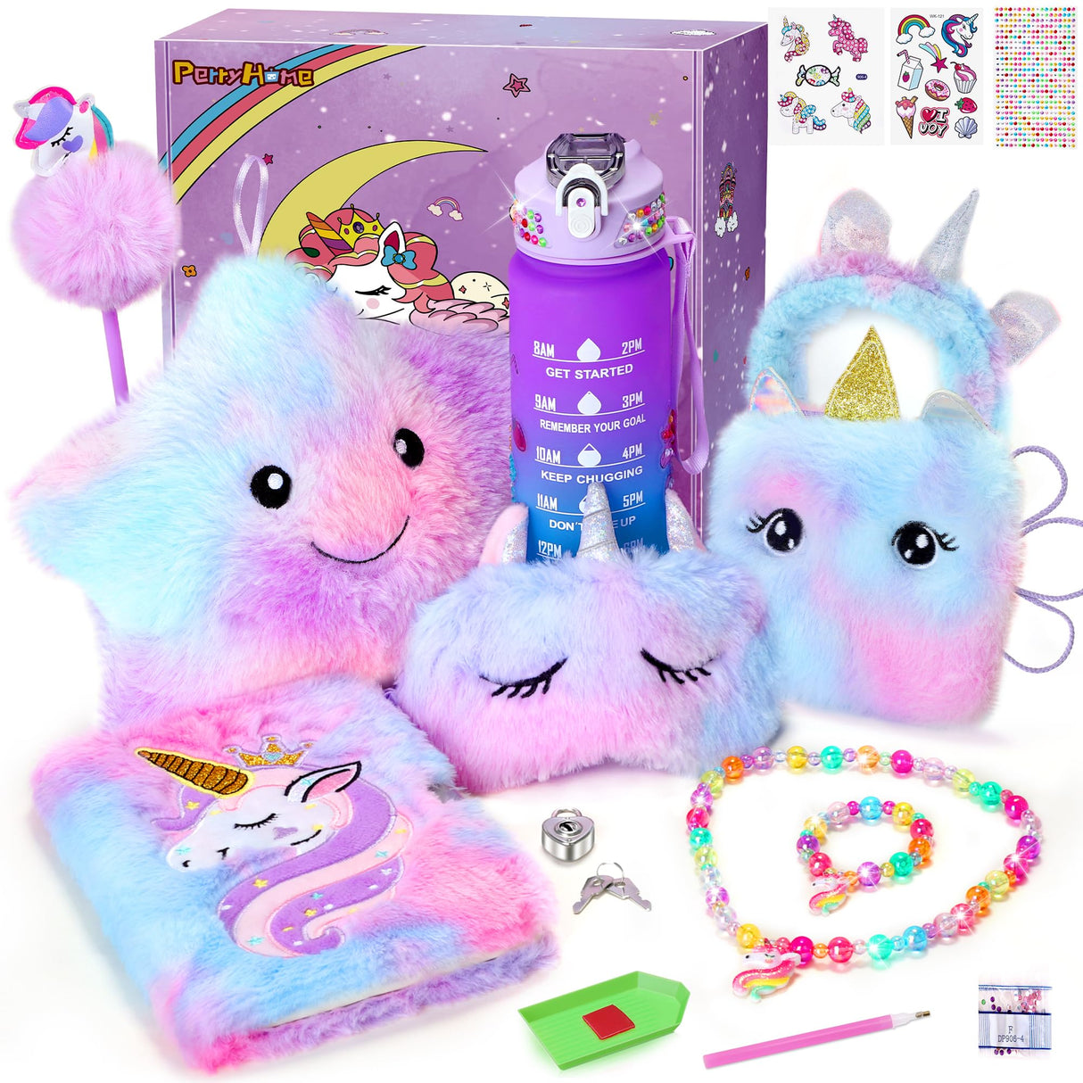 PERRYHOME Unicorns Gifts for Girls Age 4 5 6 7 8 9 10+ Birthday Back to School Day Gifts,Soft Plush Toys Set with Light-up Star Pillow,DIY 900ML Bottle,Diary,Coin Purse,Unicorn Plush Accessory PERRYHOME