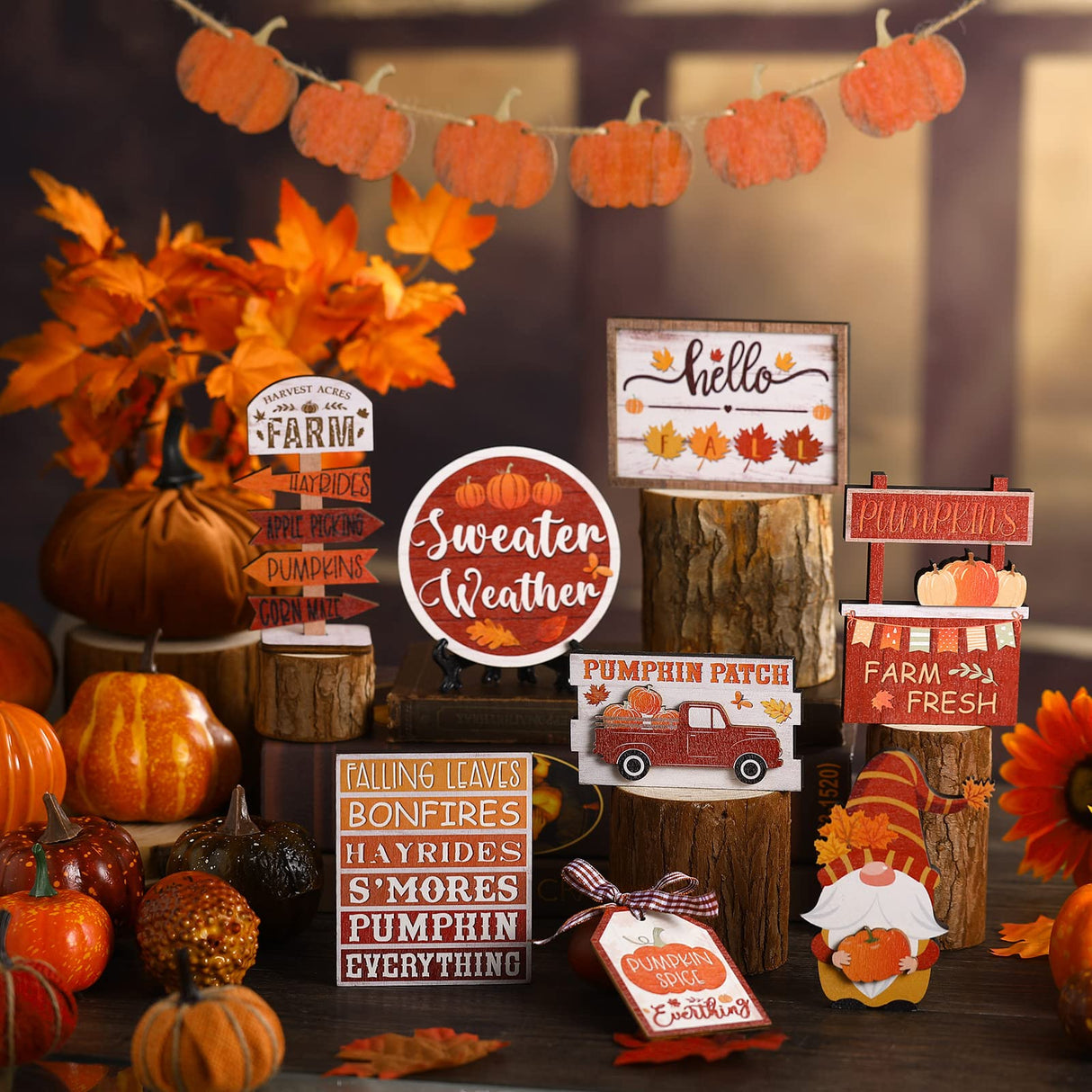 Amyhill 13 Pcs Fall Thanksgiving Tiered Tray Decor Set Pumpkin Maple Gnome Wooden Signs Hello Fall Table Centerpieces Farmhouse Tabletop Decorations for Home Autumn Harvest Shelf Table Amyhill
