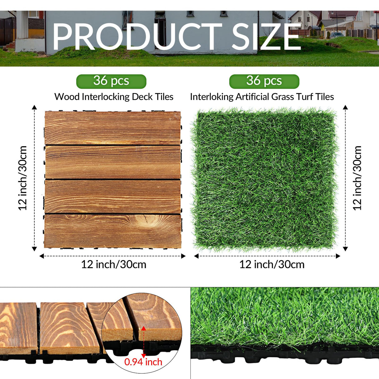 Menkxi 72 Pcs Hardwood Interlocking Patio Deck Tile and Artificial Grass Tile 12 x 12 In Waterproof Wood Flooring Tile Interlocking Turf Tile Outdoor Self Draining Tile for Balcony Garden Patio Lawn Menkxi