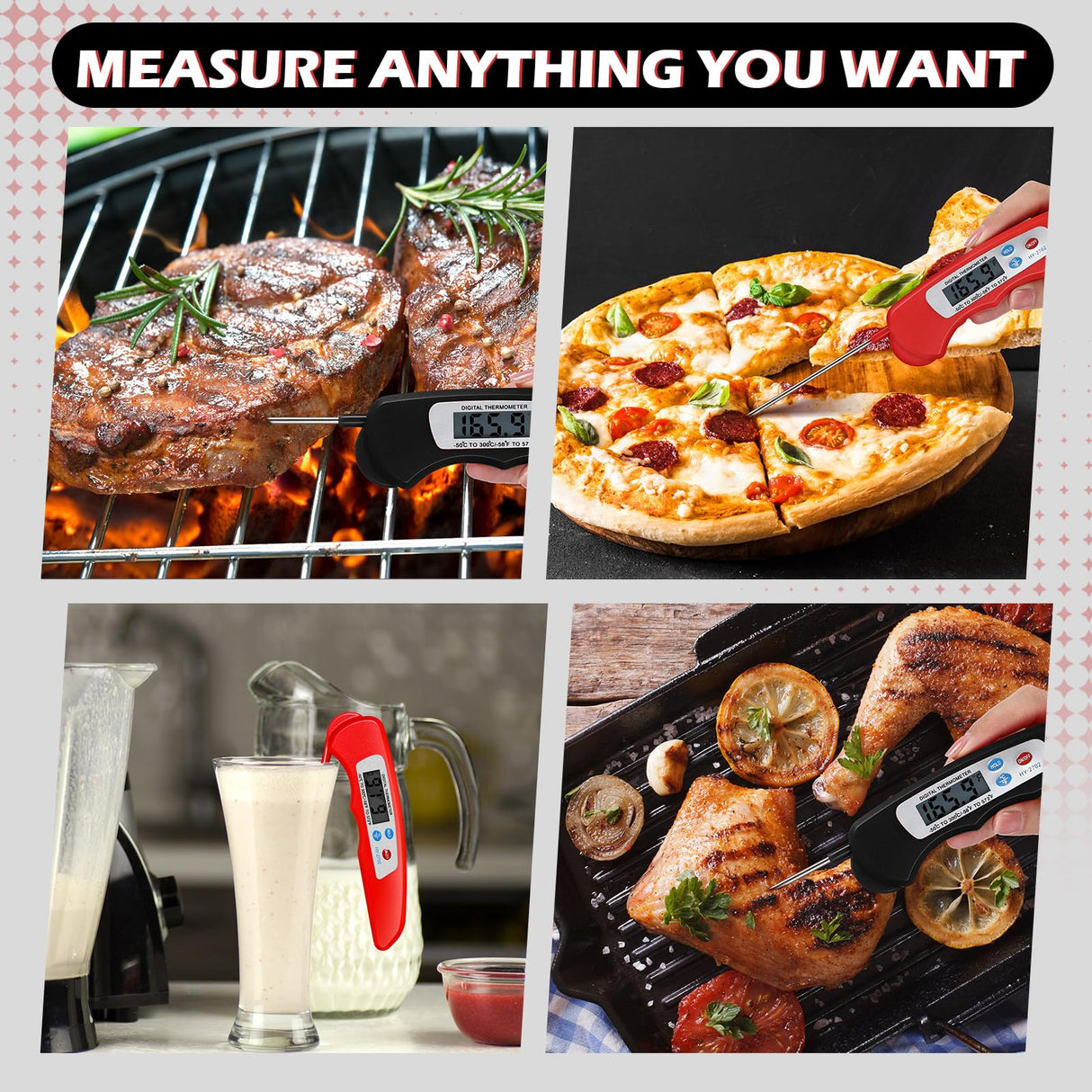 Xuhal 12 Pcs Digital Meat Thermometer with Probe Waterproof Instant Read Foldable Food Thermometer with Magnet for Kitchen Grilling Cooking Turkey Baking BBQ(Black, Red) Xuhal