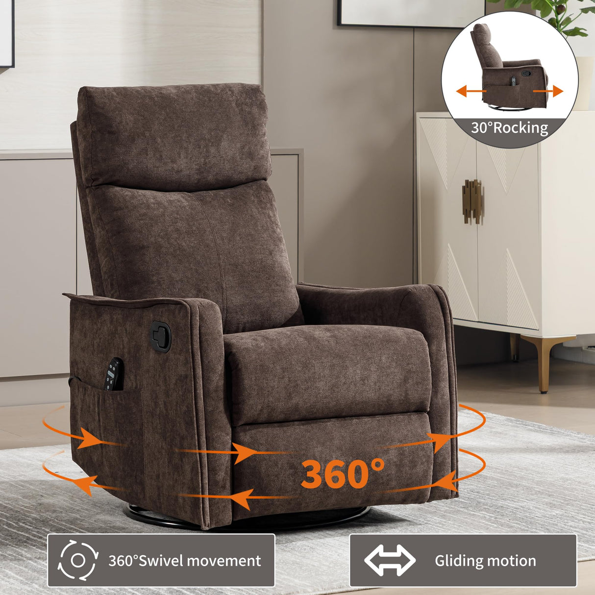 PELUMY Rocker Recliner Chair with Heat Massage - Manual Swivel Recliner for Living Room and Bedroom, 8 Vibration Points, Lumbar Heat, Glider Rocking Chair for Adults (Brown) PELUMY