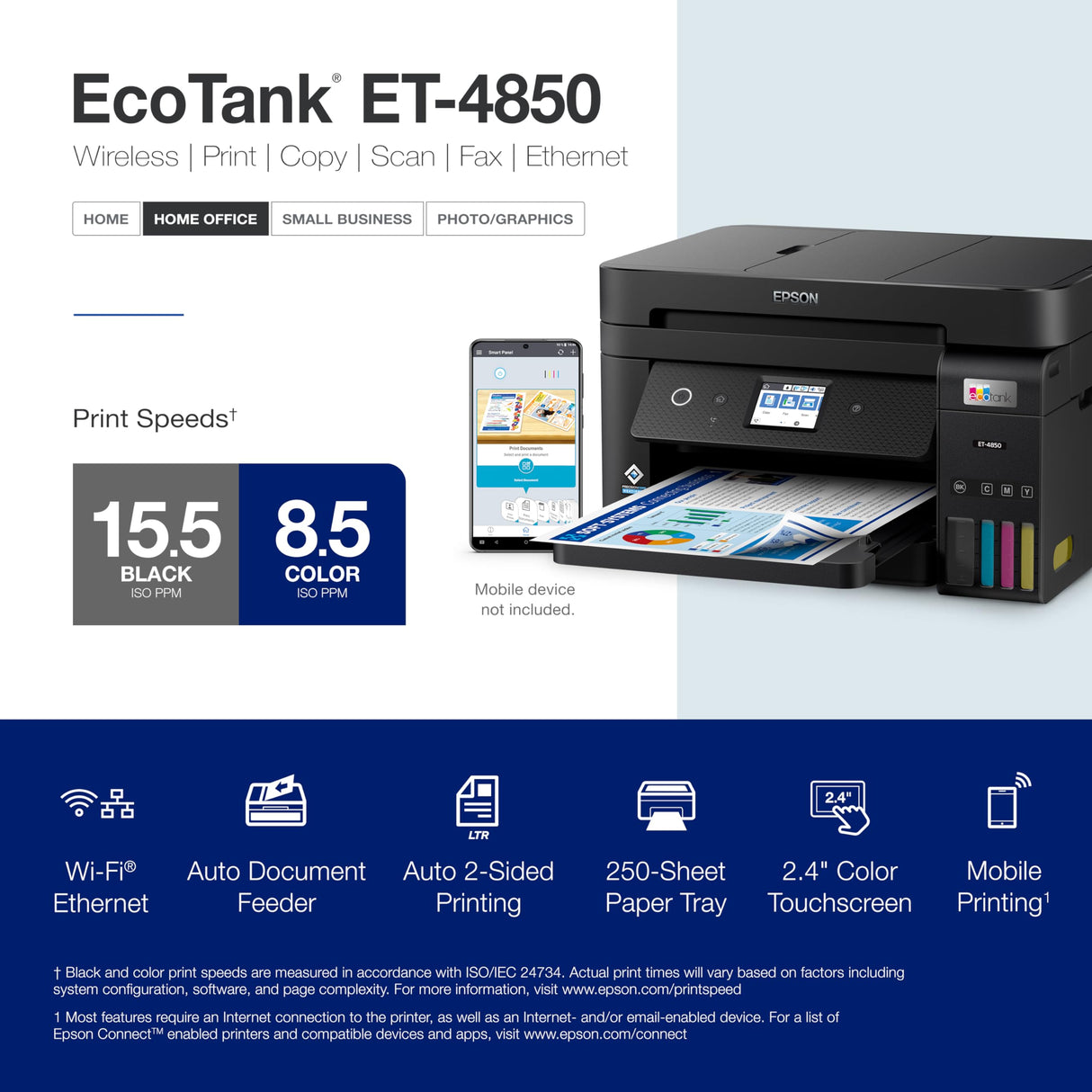 Epson EcoTank ET-4850 Wireless All-in-One Cartridge-Free Supertank Printer with Scanner, Copier, Fax, ADF and Ethernet – The Perfect Printer Office - Black Epson