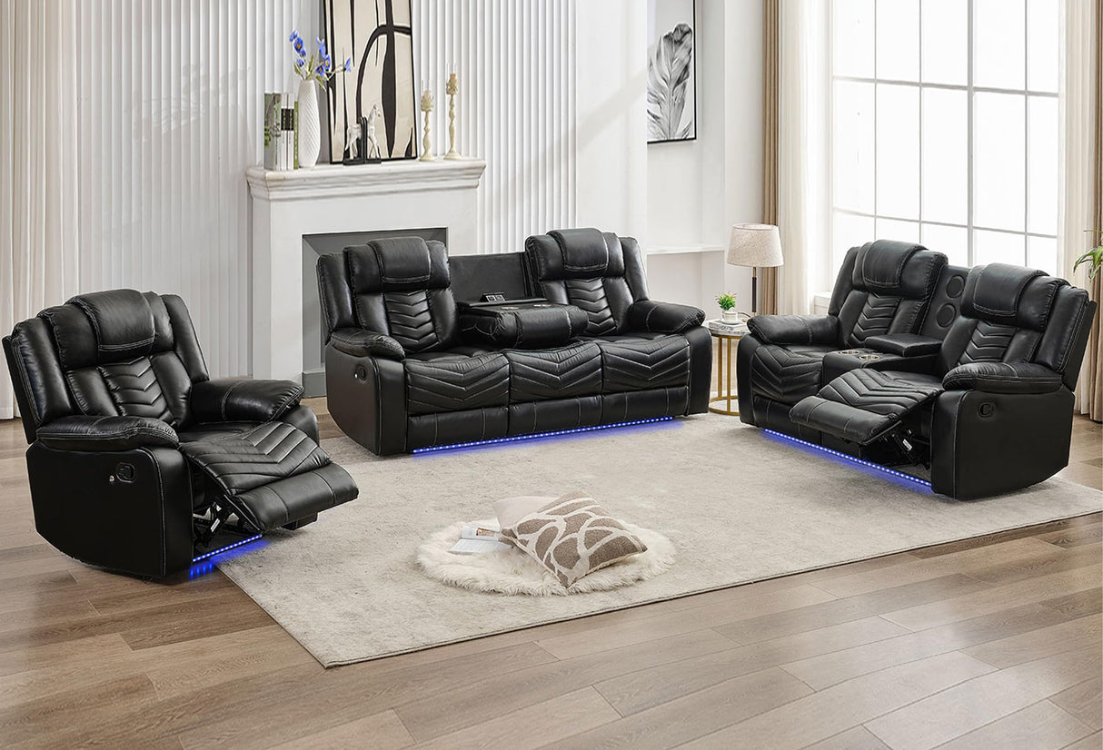 Manual Recliner Sofa Set 3 Piece with Wireless Charger for Living Room,Leather 3 Seater Reclining Couch with Bass Speaker and Loveseat Theater Seating,Home Electric Recliner Chair with LED Light,Black Comfort Stretch