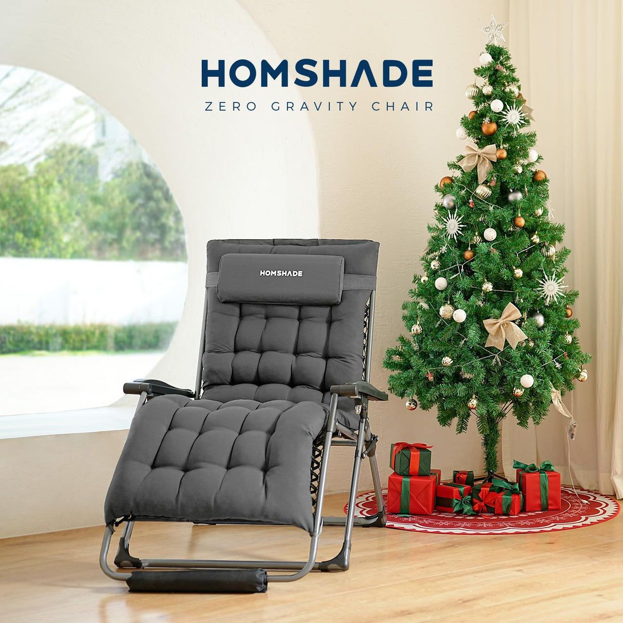 HOMSHADE XXL Zero Gravity Chair with Cushion, 33In Oversized Zero Gravity Lounge Chair, Patio Outdoor Recliner Chair for Indoor Outdoor with Headrest, Cup Holder, Footrest Support 500Lbs, Grey HOMSHADE