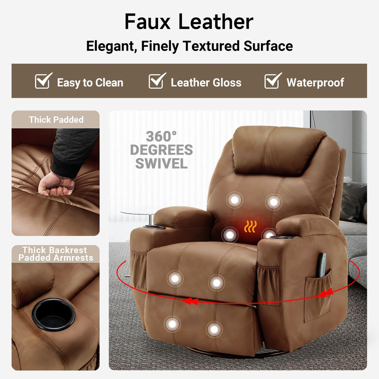 Korser Recliner Chair, Rocking Chair with Massage and Heat, 360° Swivel Recliner Chairs for Adults, Rocker Manual Recliner with Remote Control and Cup Holder for Living Room, Bedroom, Nursery Korser