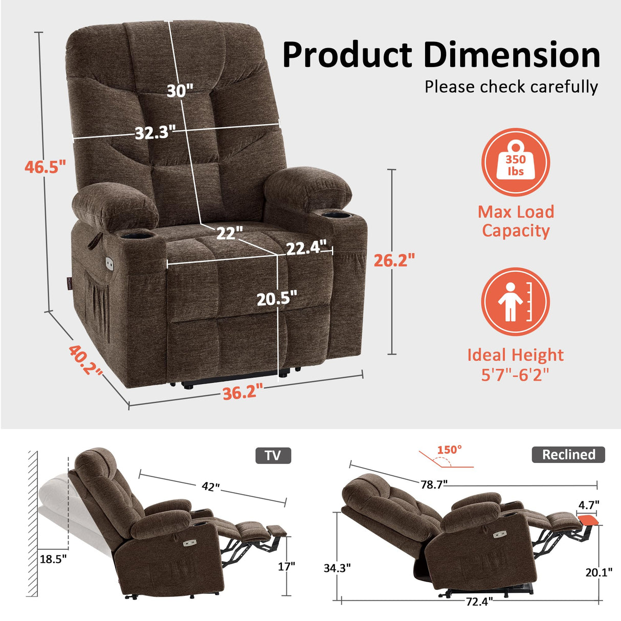 MCombo Power Lift Recliner Chair with Extended Footrest for Elderly People, Fabric 7283 (Brown, Large) MCombo
