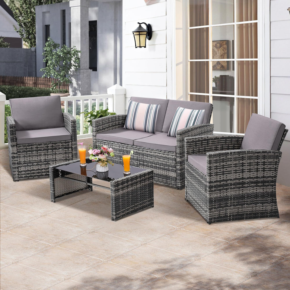KROFEM 4 Pieces Patio Conversation Set, Outside Rattan Sectional Sofa, Cushioned Furniture Set, Wicker Sofa Ideal for Garden, Porch, Backyard, Grey Color Rattan and Light Grey Cushion KROFEM