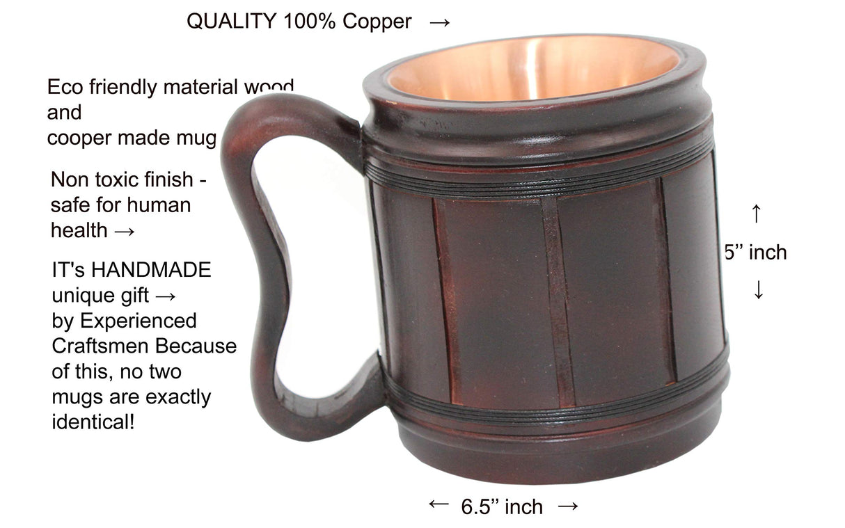 5MOONSUN5's Handmade wooden Beer Mug copper Cup Carved Natural Beer Stein Old-Fashioned Barrel Brown Vintage Bar accessories - Wood Carving Beer Mug Great Retro Design Beer Tankard for Men 16oz, 5MOONSUN5
