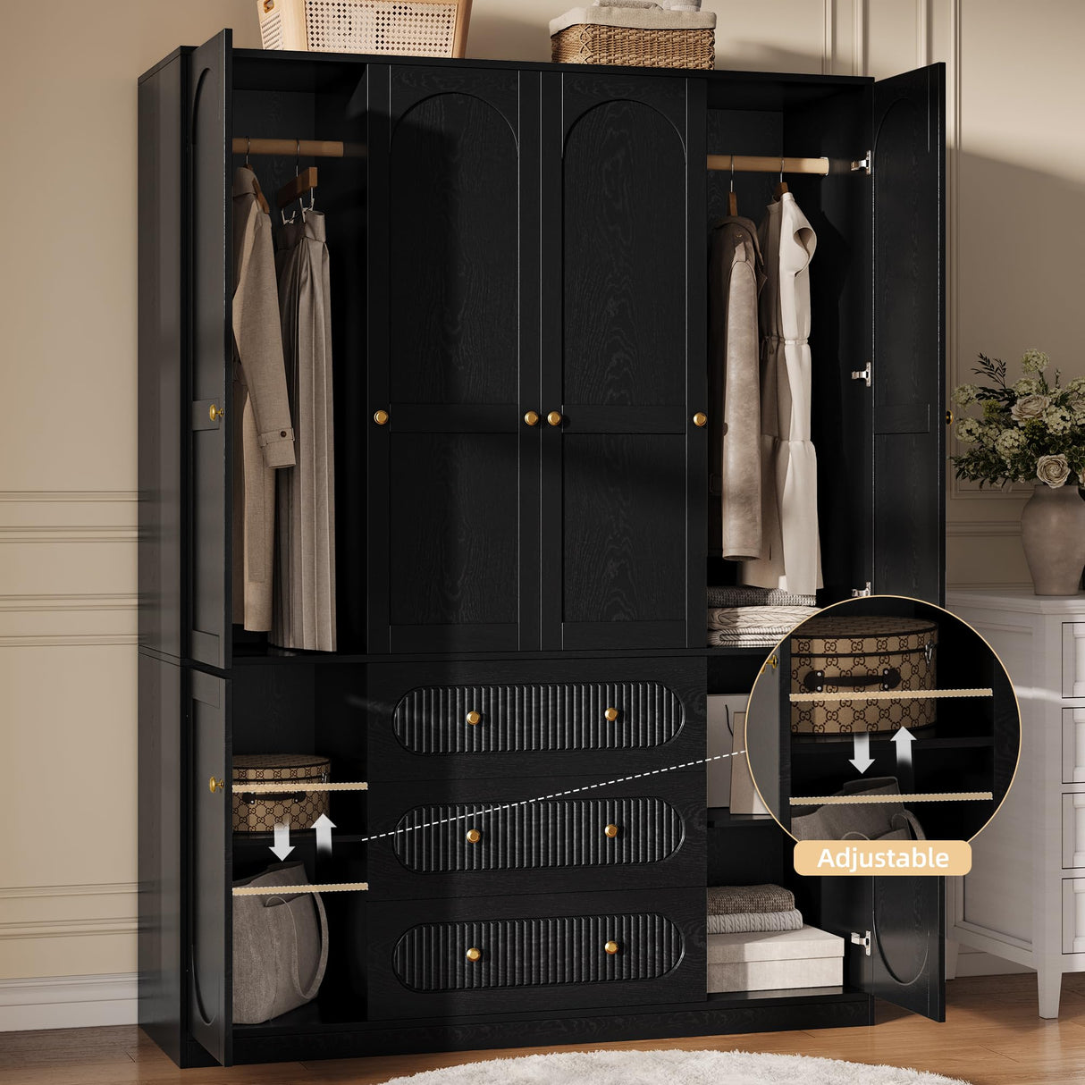 4 Doors Freestanding Armoire Wardrobe Closet, 72" Black Wardrobe Armoire Wooden Closet Large Capacity Storage with 3 Drawers & 3 Hanging Rod Shelves Clothes Organizer TOKSOM