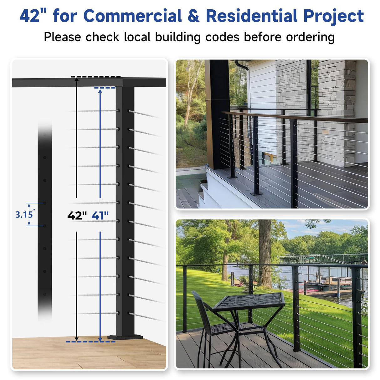 Gyykzz 6 Pack Cable Railing Post 42", Matte Black Stainless Steel T304 Level Drilled Railing Posts for Deck Railing Kit System, Flat Top Heavy-Duty Cable Handrail Post for Indoor Outdoor Deck Balcony Gyykzz