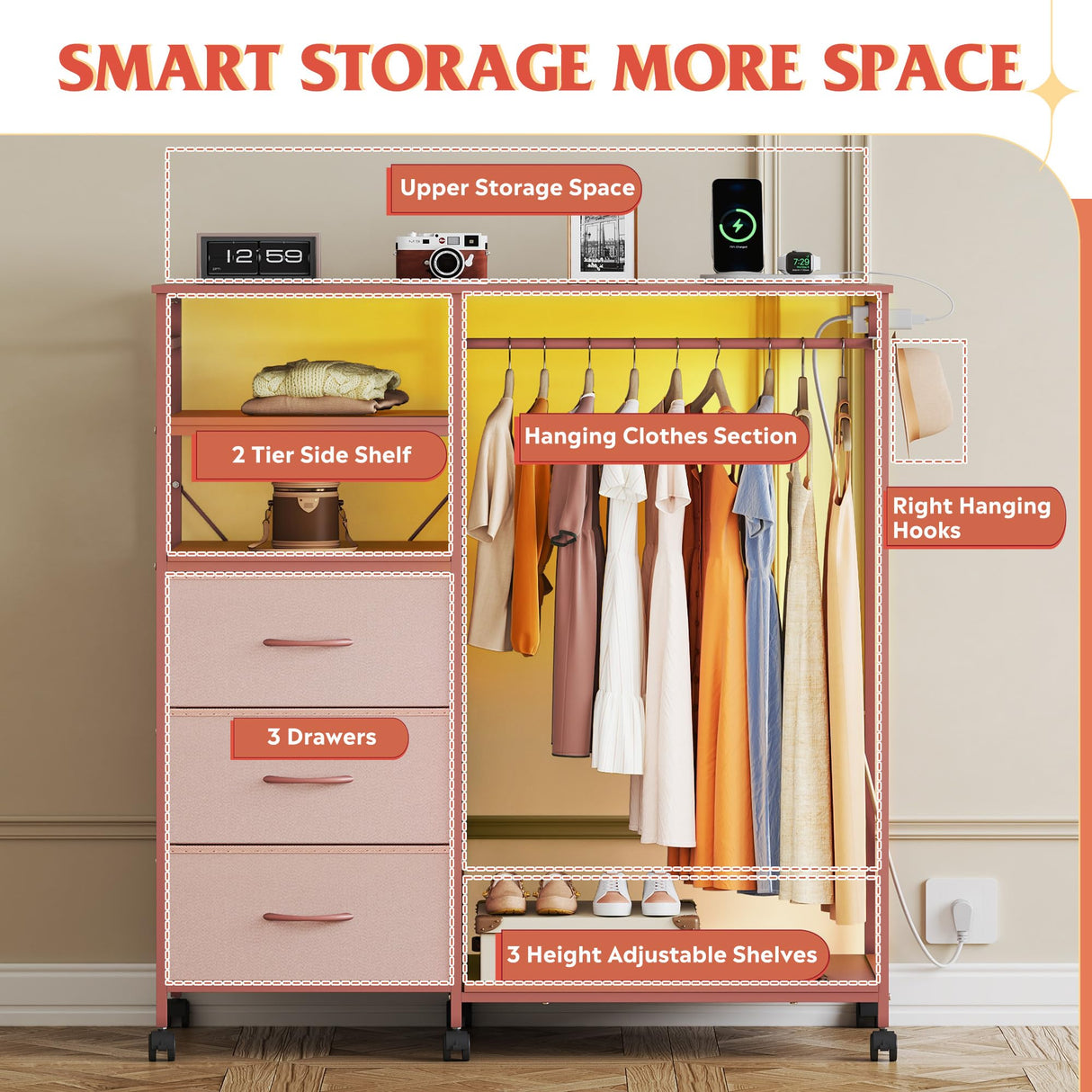 WLIVE Dresser for Bedroom with Clothes Rack, 3 Drawer Dresser with LED Lights & Charging Station, Fabric Dressers & Chest of Drawers, Storage Organizer with Open Shelves for Closet, Living Room, Pink WLIVE