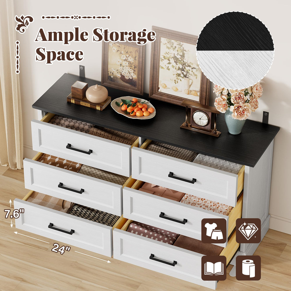 Furmax Farmhouse Dresser for Bedroom, 6 Drawers Dresser, Wood Chest of Drawers, 52" Wide Storage Dressers Organizer for Bedroom, Living Room, White and Black Furmax