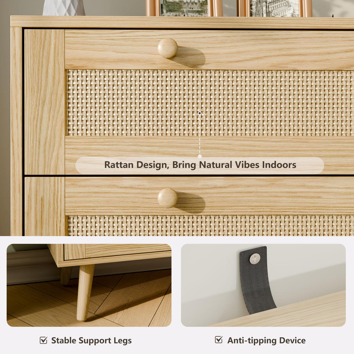 FURNIinspire 3 Drawer Dresser for Bedroom, Boho Dresser Chest with Handles for Bedroom Hallway Living Room FURNIinspire