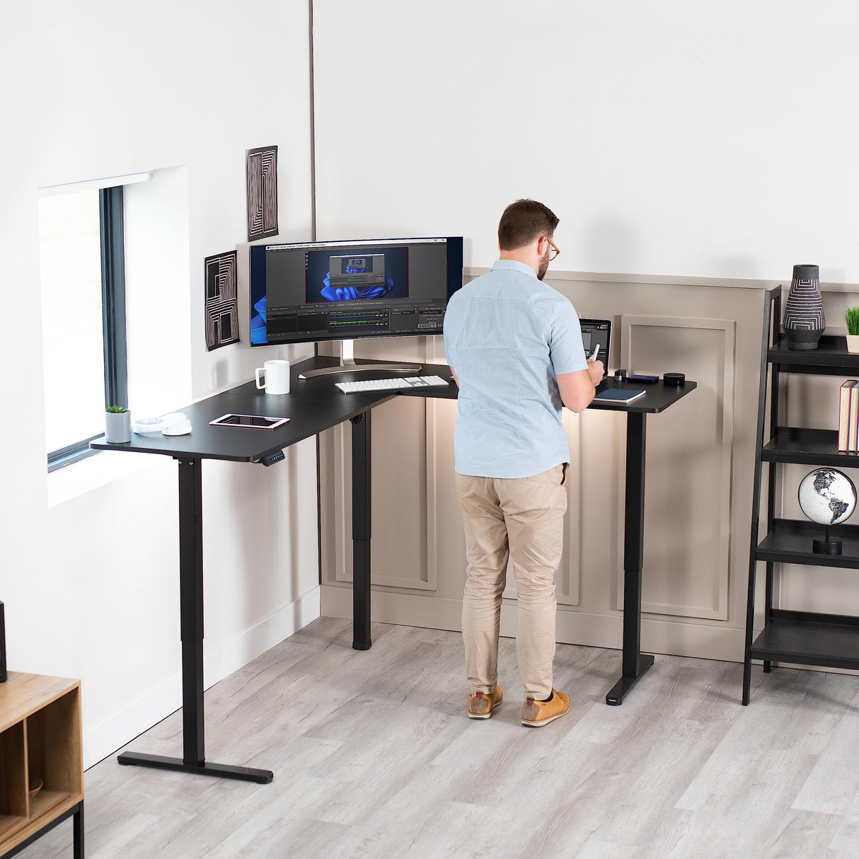VIVO Electric Corner L-Shaped 75 x 63 inch Standing Desk, Height Adjustable, Memory Controller, Black Top Black Frame, DESK-E3CTB-75 VIVO
