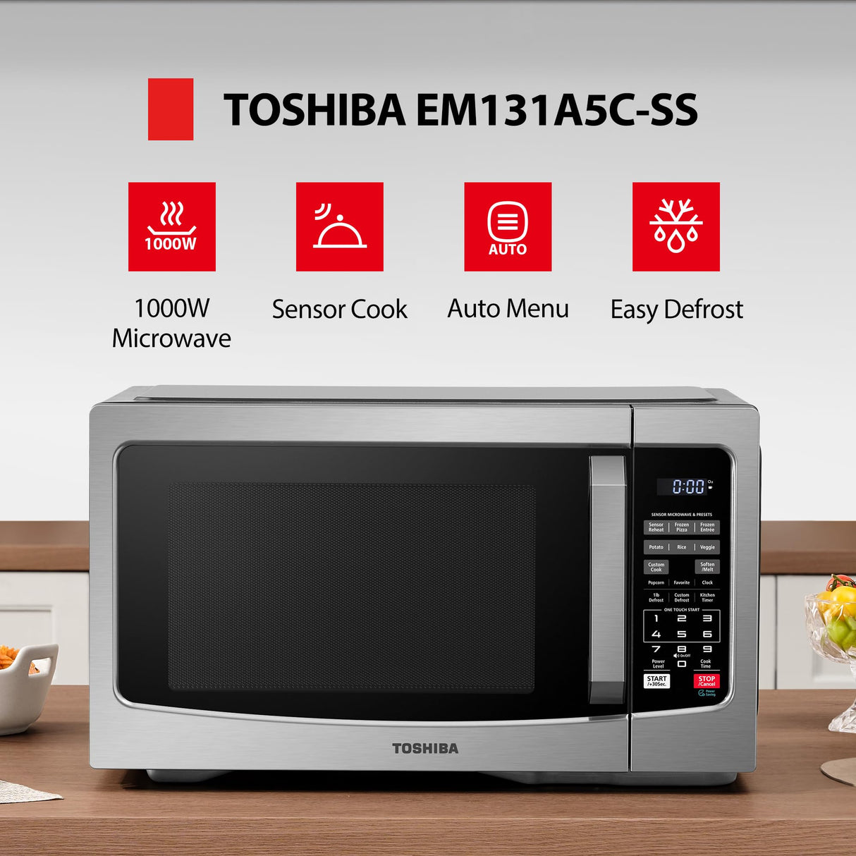 TOSHIBA EM131A5C-SS Countertop Microwave Ovens 1.2 Cu Ft, 12.4" Removable Turntable Smart Humidity Sensor 12 Auto Menus Mute Function ECO Mode Easy Clean Interior, 1100W, Silver TOSHIBA