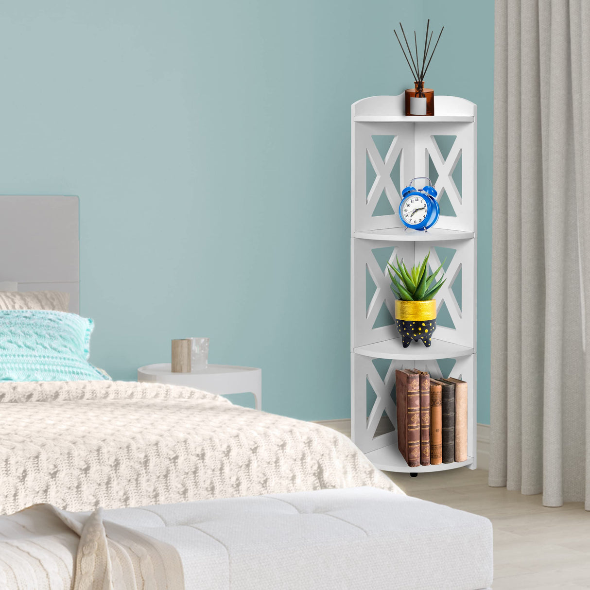 NHZ Corner Shelf Stand, Wood Corner Bookshelf, Corner Bookcase and Plant Stand (White, 4 Tier) NHZ