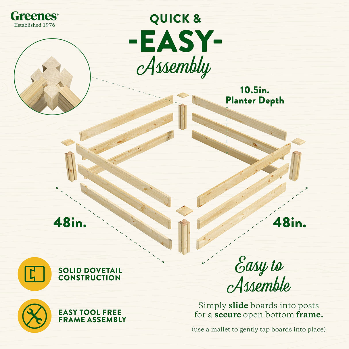 Greenes Fence Original Pine Raised Garden Bed, 4' x 4' x 10.5" - Made in USA with American Pine Greenes Fence