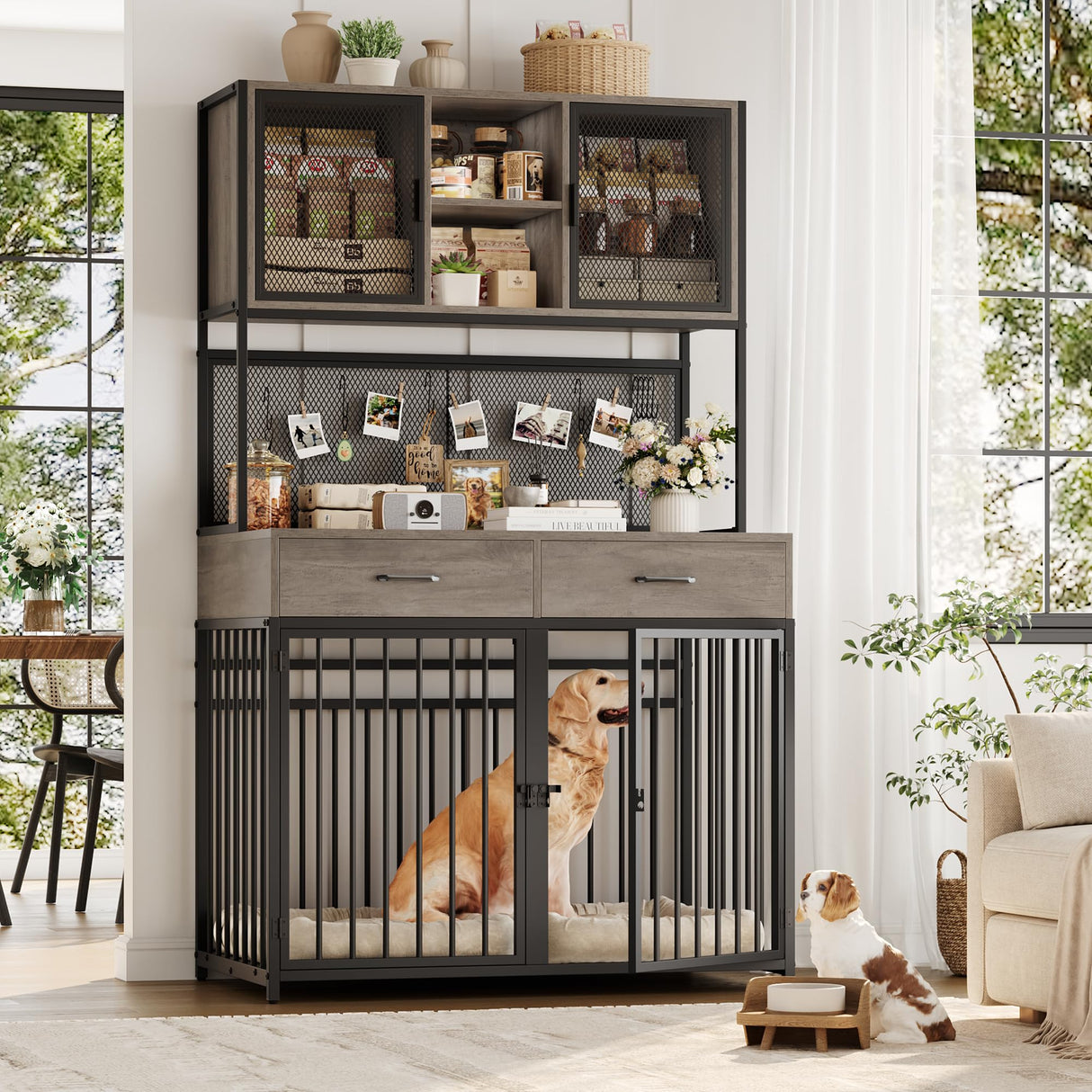 HITHOS 71" Tall Dog Crate Furniture, Indoor Dog Kennel with Hutch, 42" W Dog Cage for Large/Medium Dogs, Wood Dog Crates with 2 Storage Drawers, Heavy Duty Pet House, Ash Grey HITHOS