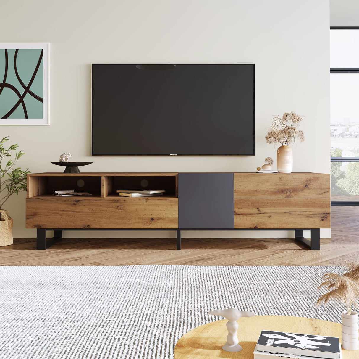 Merax Modern Low TV Stand, Media Entertainment Center for 80" TVs, Rustic Console Cabinet Table with Drop Down Door & Storage Shelf for Living Room, Bedroom, Home Theatre, Brown Merax