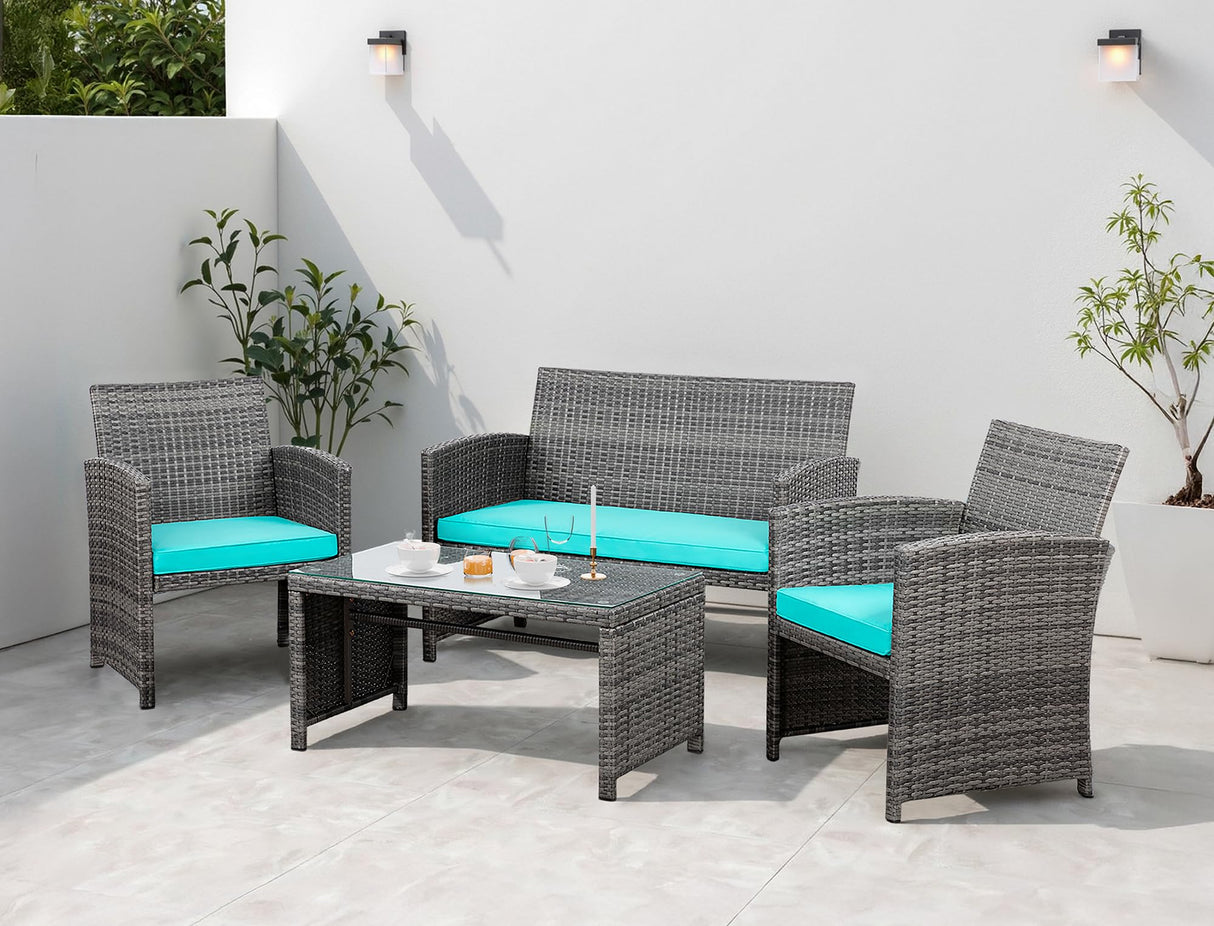 Shintenchi 4 Piece Patio Ratten Set Outdoor Furniture Set Wicker Conversation Set with Cushions and Tempered Glass Tabletop,Blue Shintenchi
