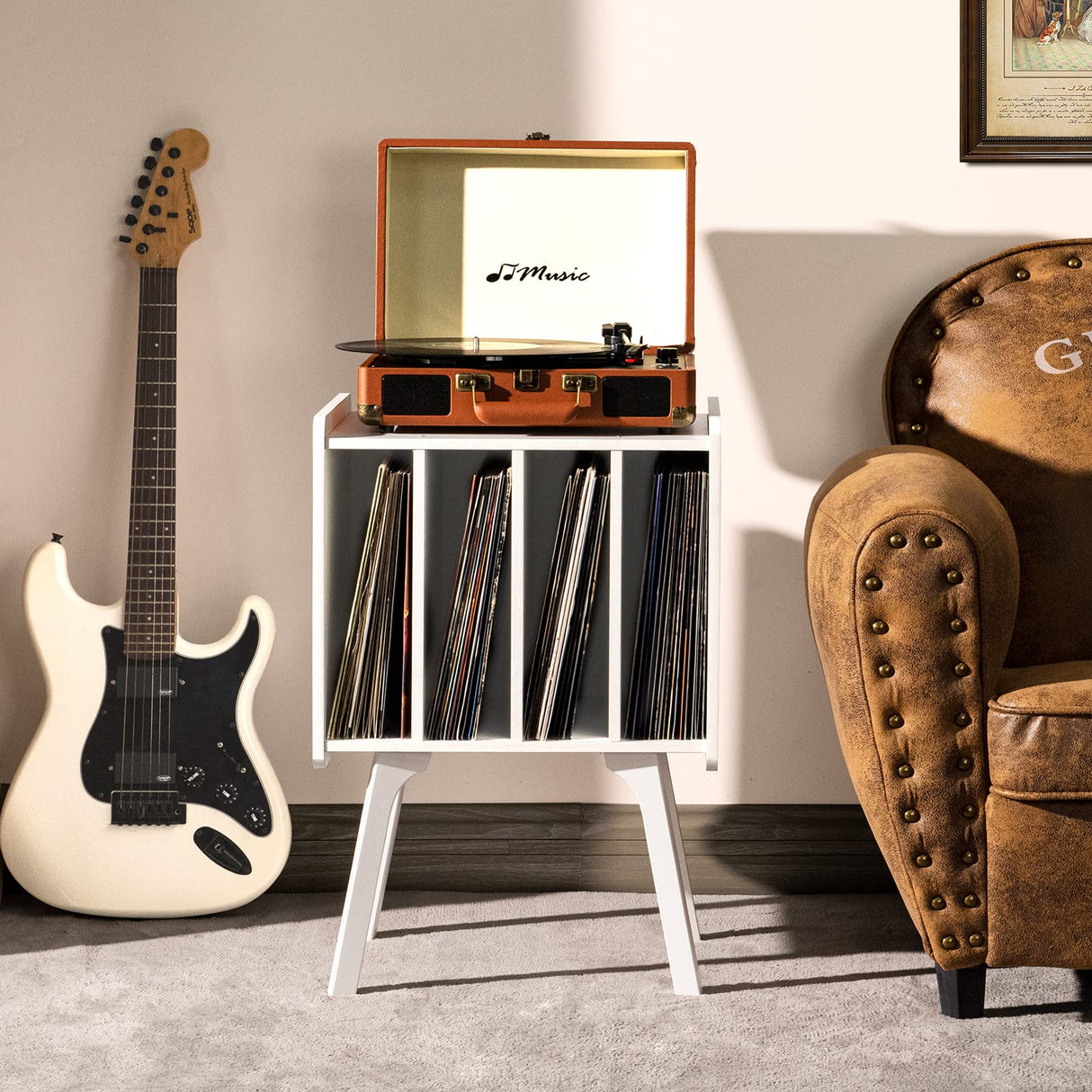 LELELINKY Record Player Stand,Vinyl Record Storage Table with 4 Cabinet Up to 100 Albums,Mid-Century Modern Turntable Stand with Wood Legs,White Vinyl Holder Display Shelf for Bedroom Living Room LELELINKY