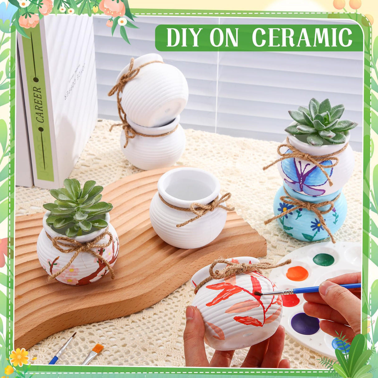 Maxdot 12 Pcs 3 Inch DIY Ceramic Succulent Planters Pots to Paint Cactus Pots Unpainted Cute Ceramic Paintable Flowerpots Pottery Painting Craft Kit for Gardening Birthday Gifts Drawing Maxdot