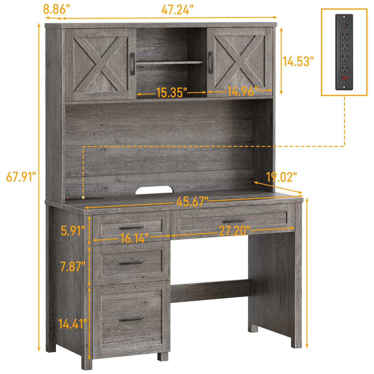 Farmhouse 67" H Executive Desk with Hutch, 4 Drawers and LED Light, Computer Desk with Storage Cabinet & File Drawers and Charging Station, Workstation for Home Office and Study. Befrases