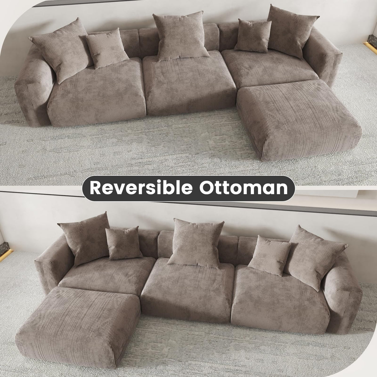 Sdorens 141.73" Modular Sectional Sofa Cloud Couch, L Shaped Sofa with Ottoman, Corduroy Couch with 5 Pillows, Oversized Corduroy Sectional Couches for Living Room, Washable Cover, Brown Sdorens