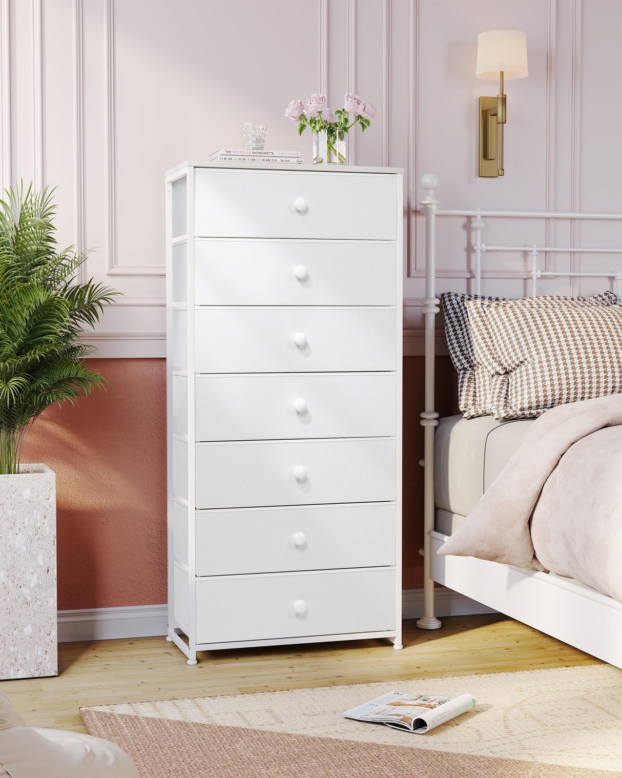 Crestlive Products Tall Dresser, 7-Drawer Wide Fabirc Storage Tower, Chests of Drawers - Vertical Organizer Unit for Bedroom, Hallway, Entryway, Nursery, Wood Top, Closets with Handles (White) Crestlive Products