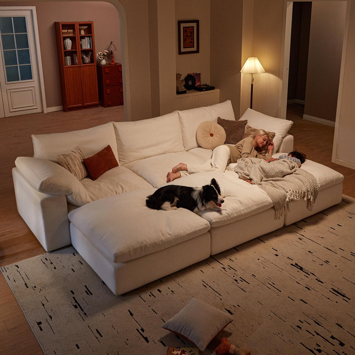 Modular Cloud Sofa, 110.2" Cloud Sectional Couches with Deep Seat, L-Shape 3-Seat Couch with Ottoman for Living Room, Modern Comfy Couch with Washable Cover, Wide Armrest (White,1 Ottoman) Vorthio