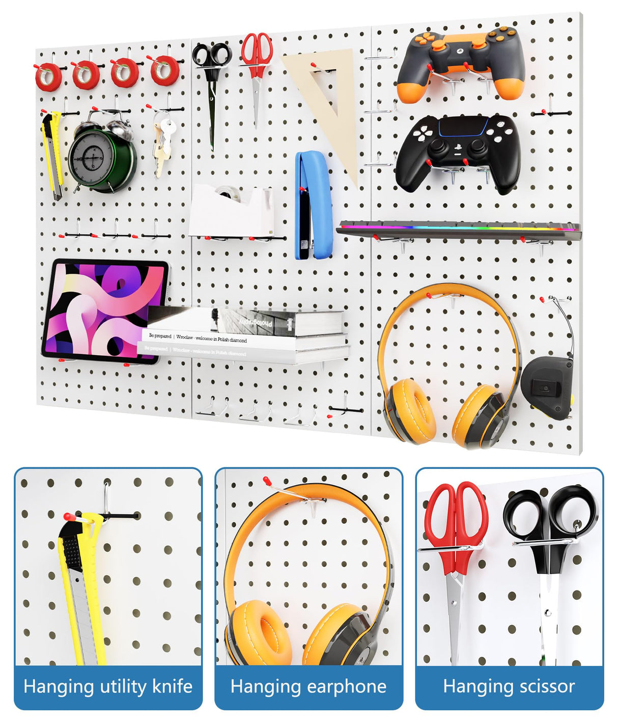 COLCUT Pegboard Organization System for Wall, 3 Pack Metal Pegboard (12x24 Inch) with 58 Hooks, Perfect for Home Office, Kitchen, Craft Room, Living Area and Indoor Porch,White COLCUT