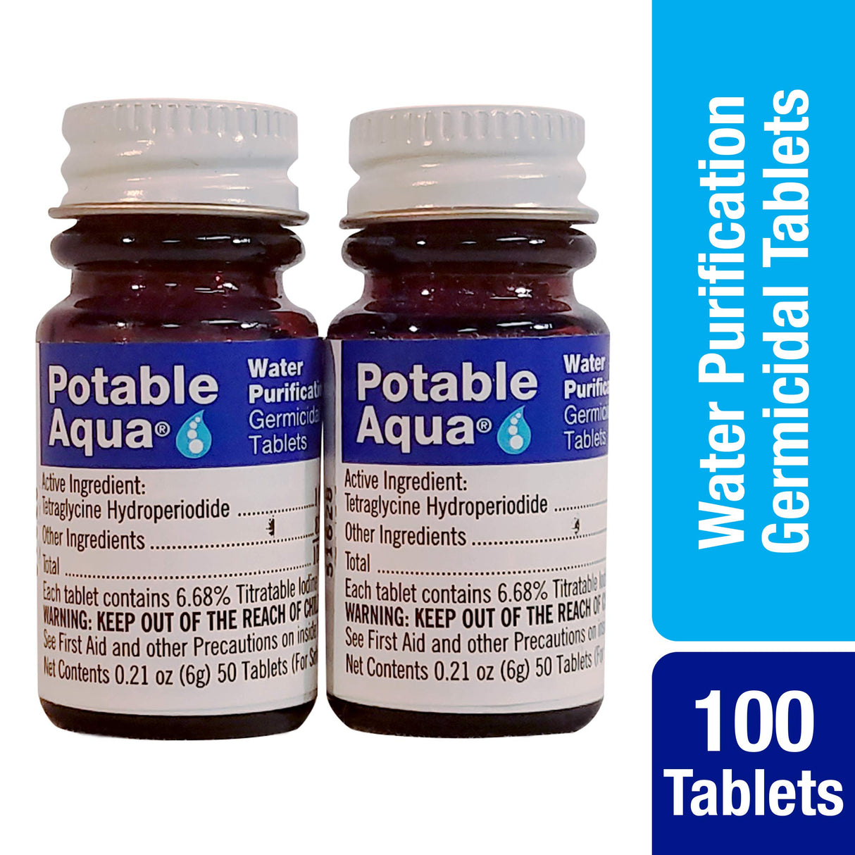 Potable Aqua Water Purification Tablets, Portable and Effective Water Purification Solution for Camping, Hiking, Emergencies, Natural Disasters and International Travel, Two 50ct Bottles, Blue potable aqua