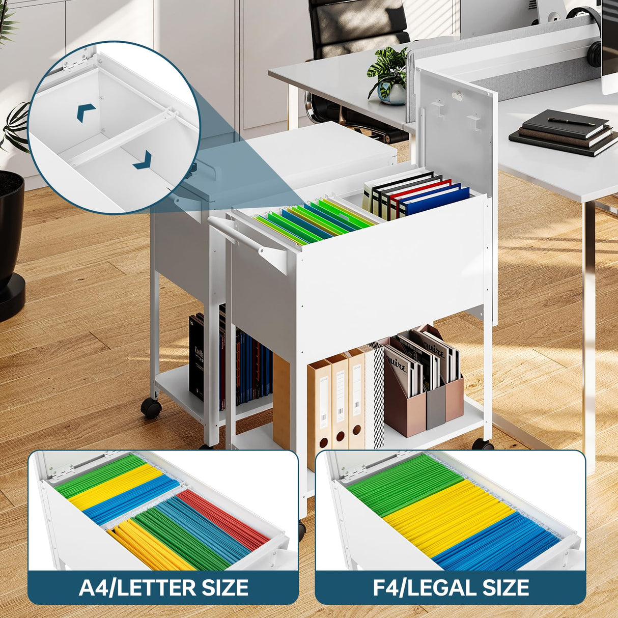 Mobile File Cart with Lock, Rolling File Cabinet Hanging Letter/Legal File Folders with Lockable Sliding Cover, White File Organizer on Wheels MIIIKO