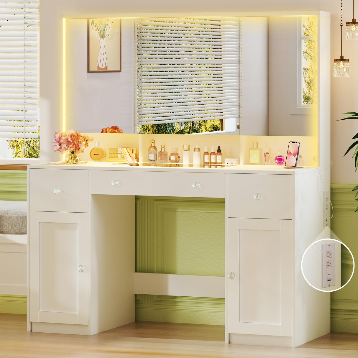 HUAHUU Vanity Desk with Mirror and Lights, 45.3'' Large Makeup Vanity with Glass Top & Power Outlet, White Vanity Table with 3 Drawers & 2 Cabinets & Hidden Storage Shelves, 3 LED Lighting Modes HUAHUU