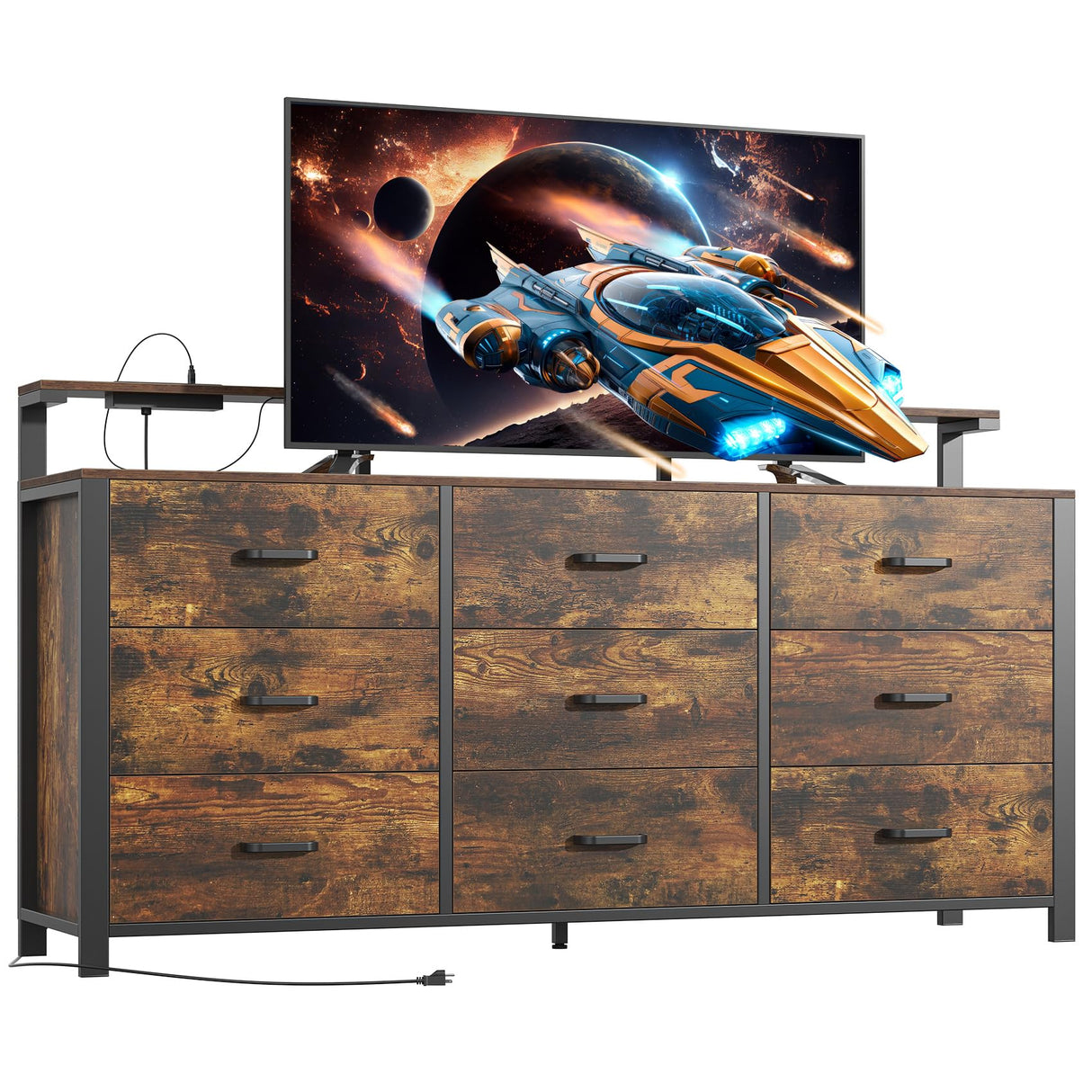 Frmobepts 63'' Rustic Brown Dresser for Bedroom, 9 Drawer Dresser with Power Outlet and Led Lights, Bedroom Furniture with Wooden Drawer and Metal Frame, TV Stand with Deep Drawer Storage Frmobepts