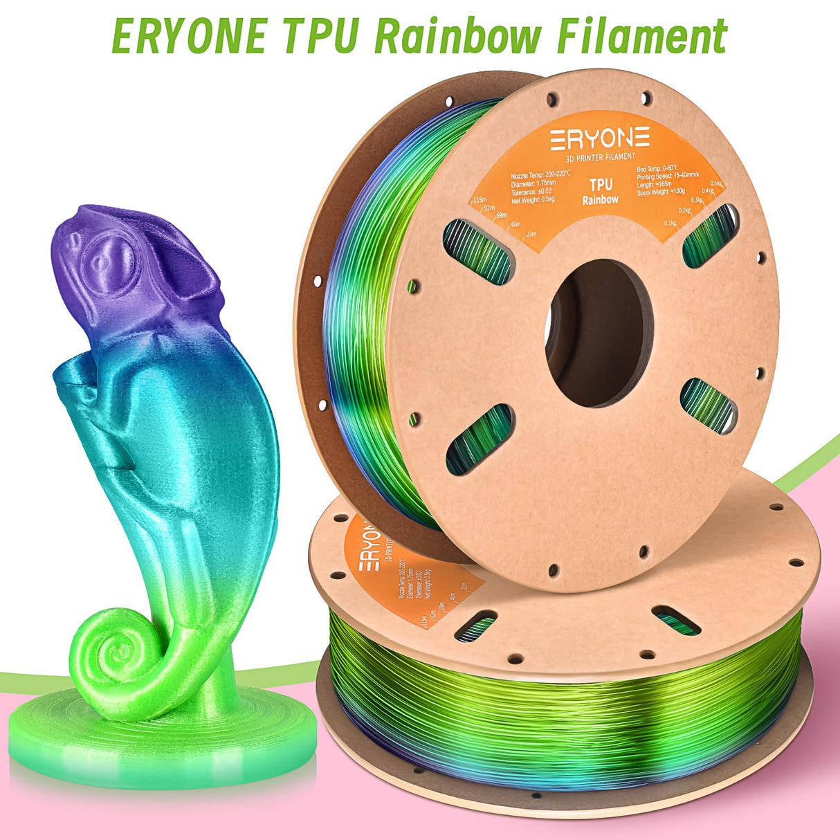ERYONE TPU Filament 1.75mm +/-0.03mm Flexible TPU Roll, 95A Soft 3D Printer Filament 0.5kg Spool(1.1 lbs), Sea Glass Rainbow ERYONE