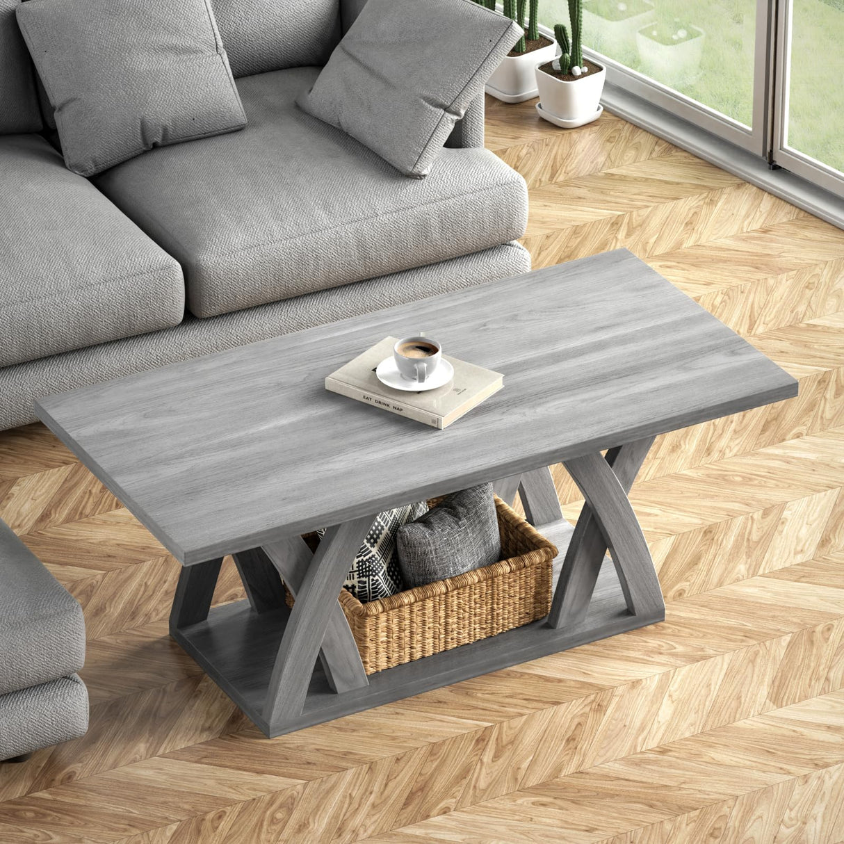 FROMJBEST Farmhouse Coffee Table with Shelf, Wood Coffee Table for Living Room, Open Display Area,47” Grey FROMJBEST