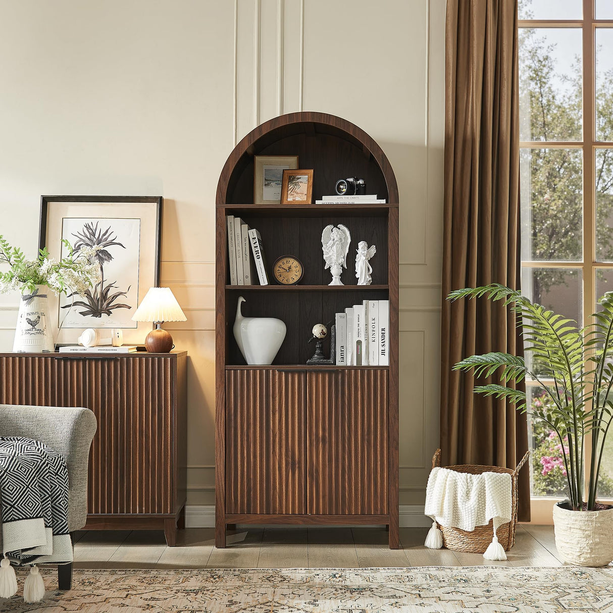 WINWY Arched Cabinet Bookshelf Bookcase - 71” Tall Mid Century Arched Display Cabinets, Rounded Bookshelf with Fluted Doors, Open Shelf Storage Cabinet for Dining Room (Walnut) WINWY