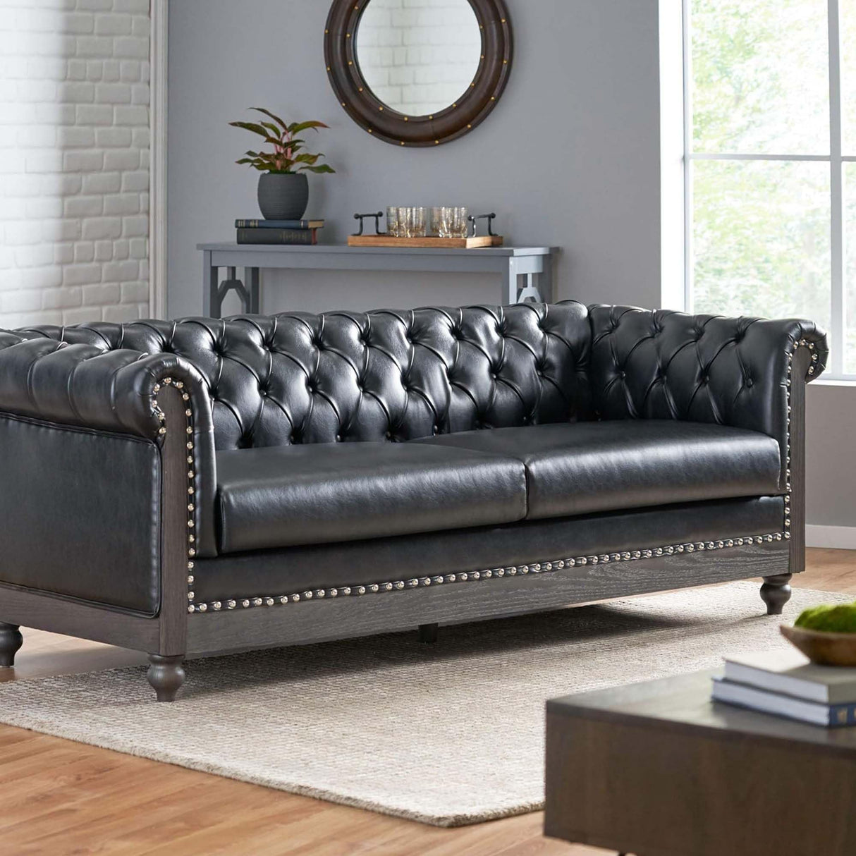 Merax PU Chesterfield Sofa, Retro Upholstered 3 Seater Leather Couch Rolled Arm for Living Room Bedroom Office, Black Merax