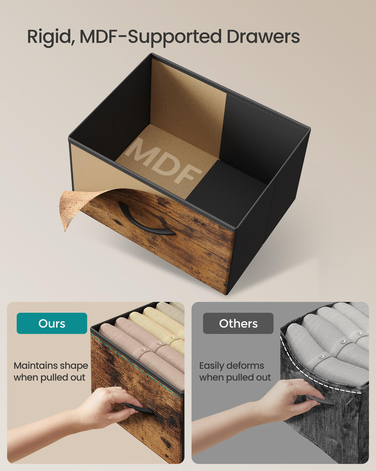 SONGMICS Dresser for Bedroom, Chest of Drawers, TV Stand, Steel, MDF, 5 Non-Woven Fabric Drawers, Storage Organizer Unit, Closet, Entryway, Rustic Brown and Ink Black ULGS322B02S SONGMICS