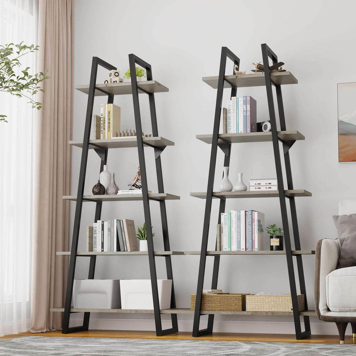 IDEALHOUSE 72" Book Shelf with Metal Frame, A-Shape Ladder Shelf with 5-Tier Wood Adjustable Shelves, Industrial Bookcase with Function Bezel for Home Living Room Bedroom Office Storage, Rustic Oak IDEALHOUSE