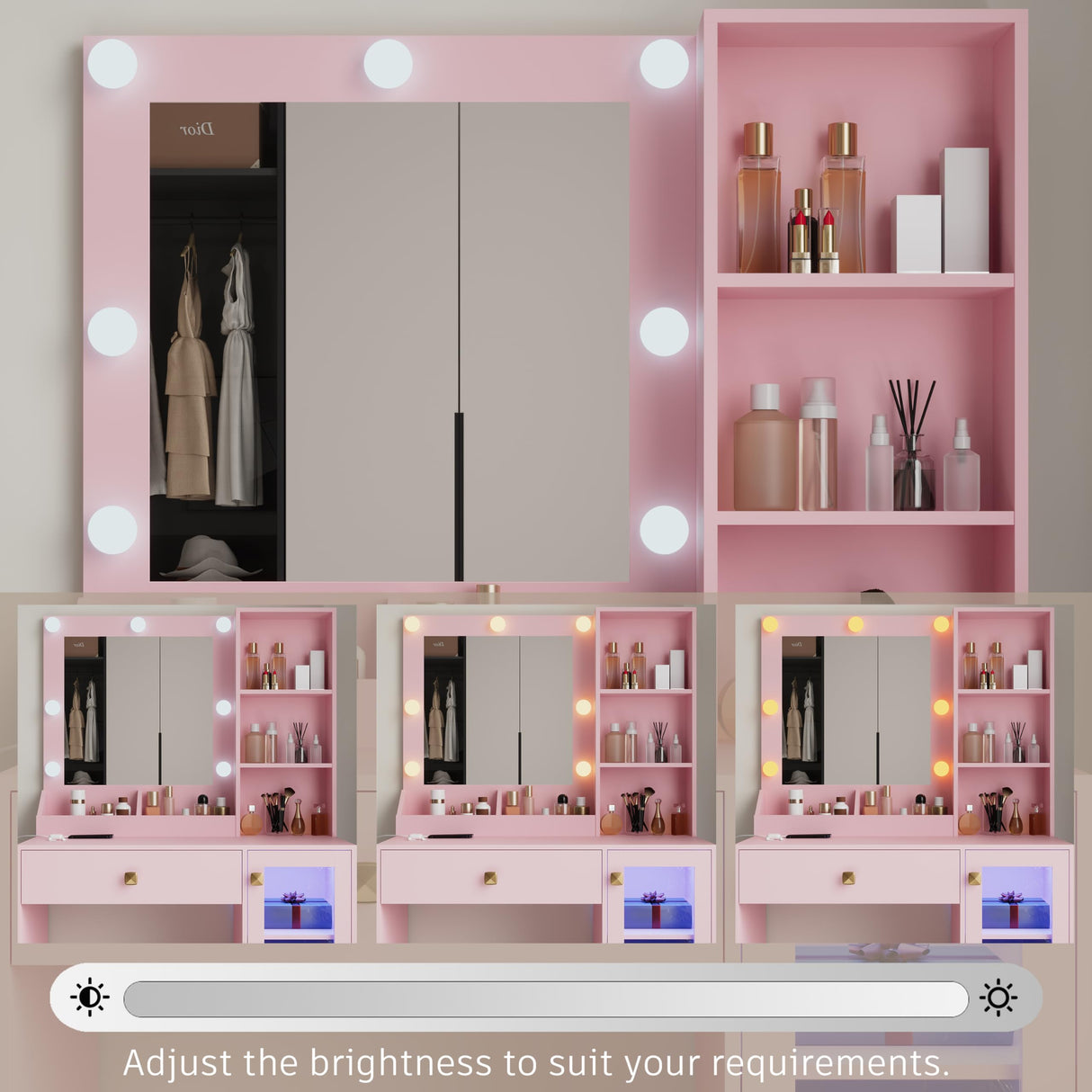 Thacuok Small Vanity Desk with Mirror and Lights,Makeup Table with Charging Station & RGB Storage Cabinet,Large Drawer & Storage Shelves,Girls Vanity,Bedroom Dressing Table,Pink Thacuok
