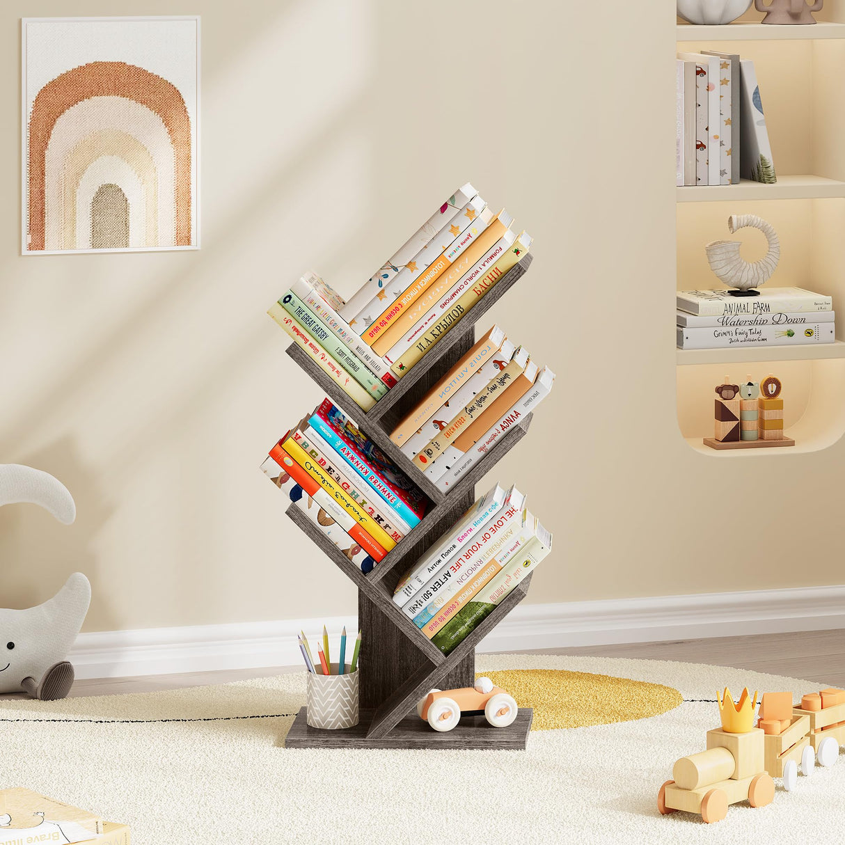 Hoctieon 4 Tier Tree Bookshelf, 4 Shelf Bookcase, Free Standing Tree Bookcase, Display Floor Standing Shelf for Books, Book Organizer Shelves for Home Office, Living Room, Bedroom, Grey Hoctieon