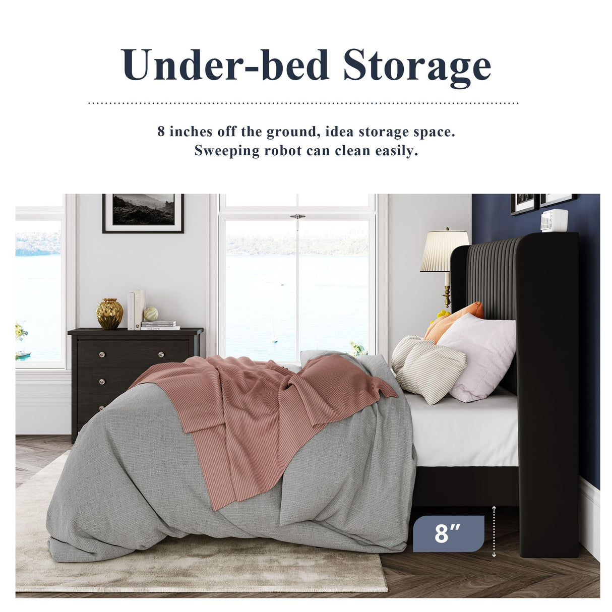 Allewie Queen Size Black Velvet Bed Frame with Wingback Headboard and Wooden Slats Allewie